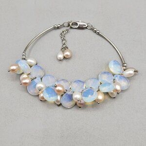 Opalescent Beaded Bracelet Acrylic Faceted with Faux Pearls Silver Tone Chain